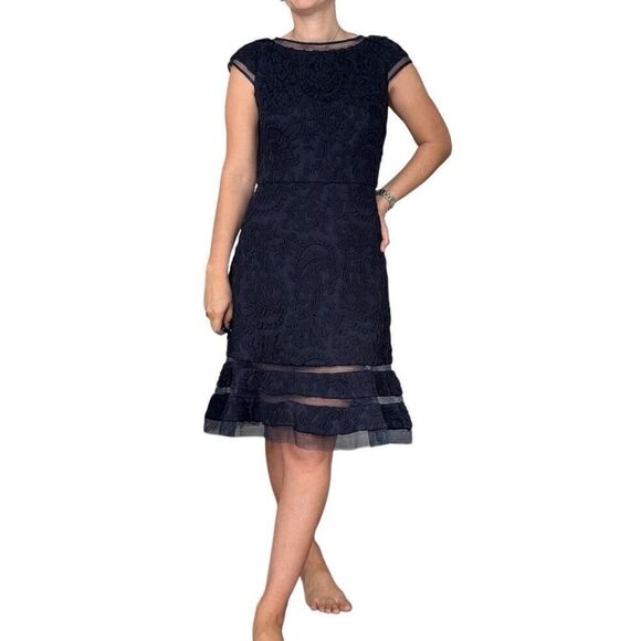 Adrianna Papell Navy Blue Lace Fit & Flare Cocktail Party Mini Dress Size 8 - Picture 2 of 9